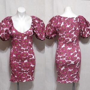 ZARA Floral Puff Sleeve Smocked Bodycon Dress Large Stretchy Cottagecore Chic